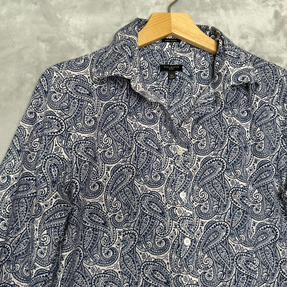 Talbots Shirt Womens 12P Blue Paisley Long Sleeve Button Up Wrinkle Resistant